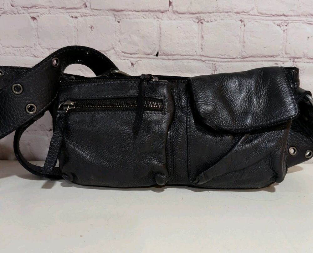 Free People Wade Leather Sling Bag Crossbody Black Wide Studded Grommet Strap